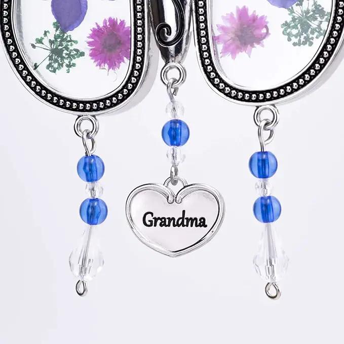 Laraine Butterfly Suncatcher with Pressed Flower Wings Mom Mother's Day Butterfly Glass Wind Chime Ornament Charm with Metal Heart Gifts for Mom Grandma Birthday (Purple Grandma (with Free Hook) by GreenHaven Gardens