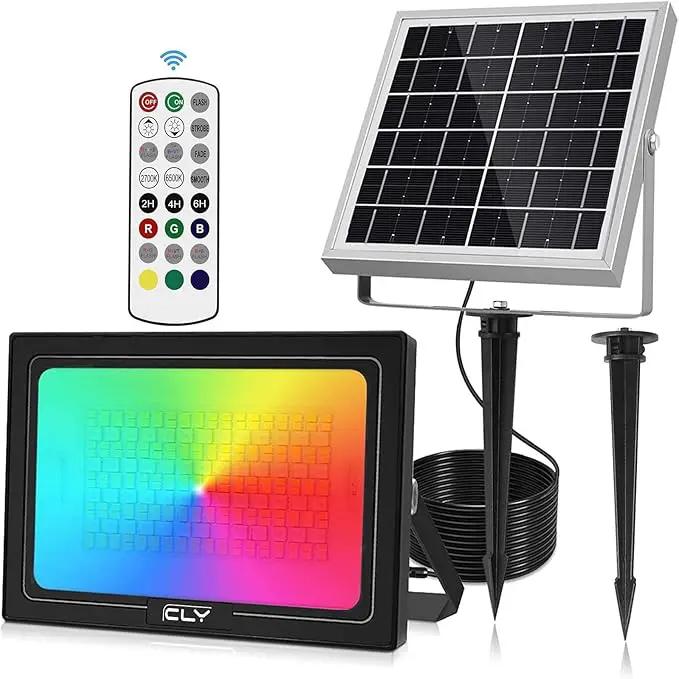 CLY Solar LED Flood Light Outdoor RGBCW Color Changing Floodlight with RF Remote, RGB 2700K 6500K Dimmable,16.4ft Cable IP66 Waterproof Solar Powered Security Light for Garden Tree Christmas Party by GreenHaven Gardens