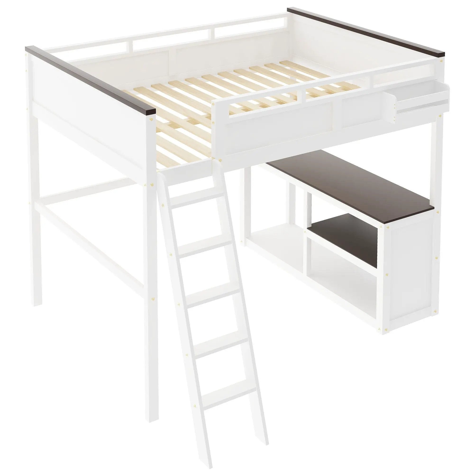 Queen Size Loft Bed With Desk, Open Shelf, Storage Box And USB Charging Station - White