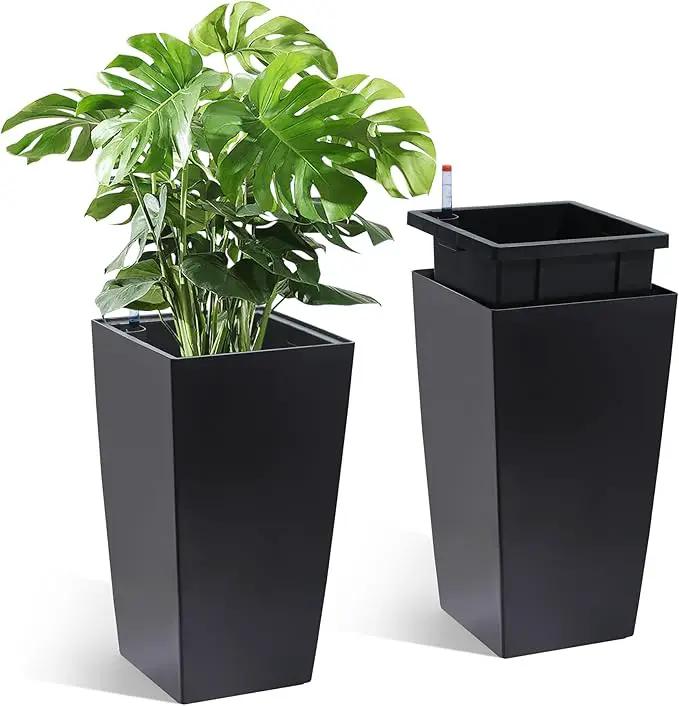 16" Tall Planters Set of 2, Outdoor＆Indoor Black Planter Pots, High Front Porch Planter Pots with Drainage Holes＆Water Level Monitor＆Inner Bucket, Automatic Watering,Black by GreenHaven Gardens