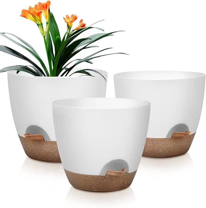Plant Pots 10/9/8 Inch Self Watering Pots, Set of 3 Plastic Planters with Drainage Holes and Saucers,Plastic Flower Pots,Nursery Planting Pot for Indoor Out Door Plants（White） by GreenHaven Gardens