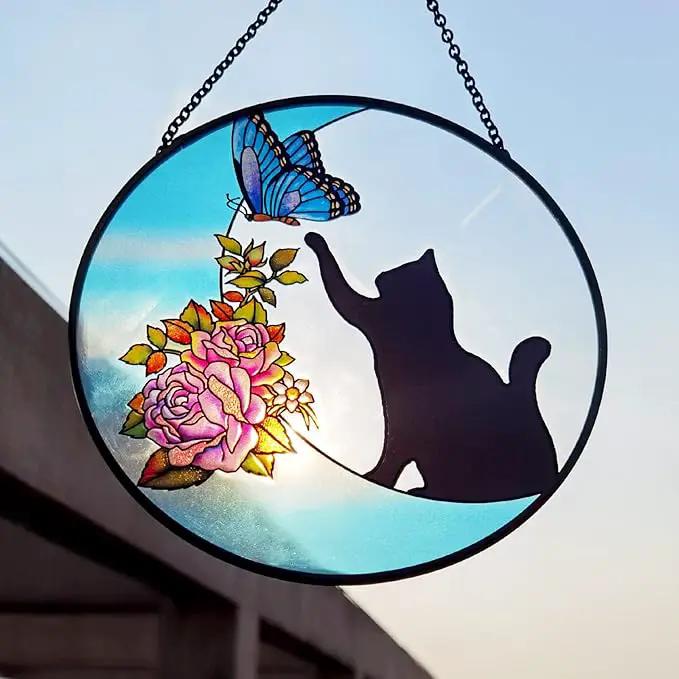 Cat Stained Glass Butterfly on Moon Gifts, Handcrafted Suncatchers Black Cat for Stained Glass Window Hangings, Cat Gifts for Cat Lovers, Painted Glass Panel Decor Funny Cat Themed Gift by GreenHaven Gardens