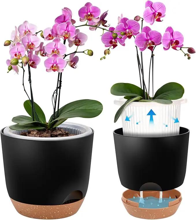 Self Watering Orchid Pots for Indoor Plants,5.8 Inch Macetas para Orqudeas,Flower Pots for Indoor Plants with Holes(Black) by GreenHaven Gardens