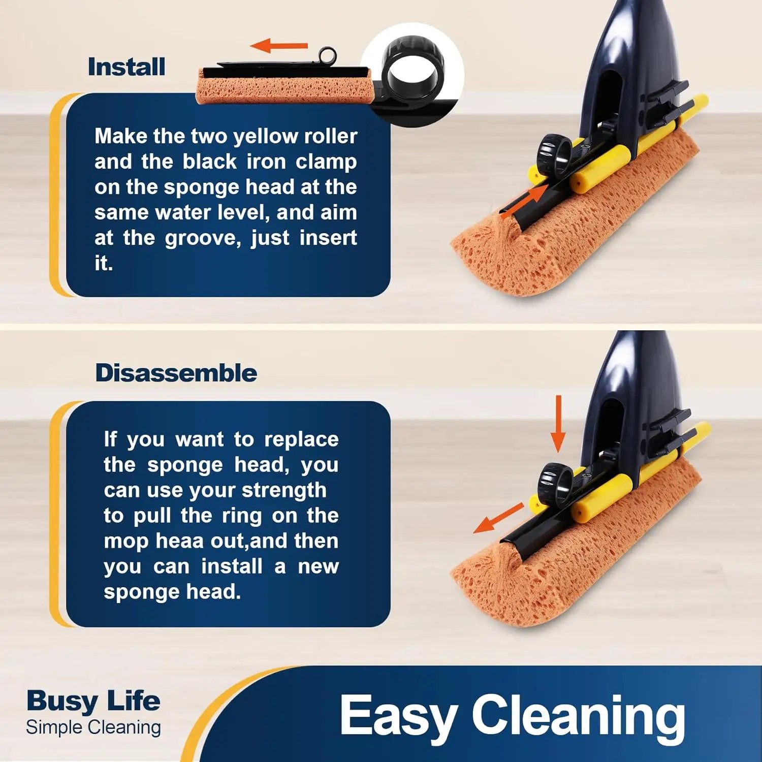 Yocada Sponge Mop Home Commercial Use Tile Floor Bathroom Garage Cleaning Total 2 Sponge Heads NOT 3 Telescopic Handle Squeegee from 42.5 to 52 Inches Easily Dry Wringing only 2 Heads by GreenHaven Gardens