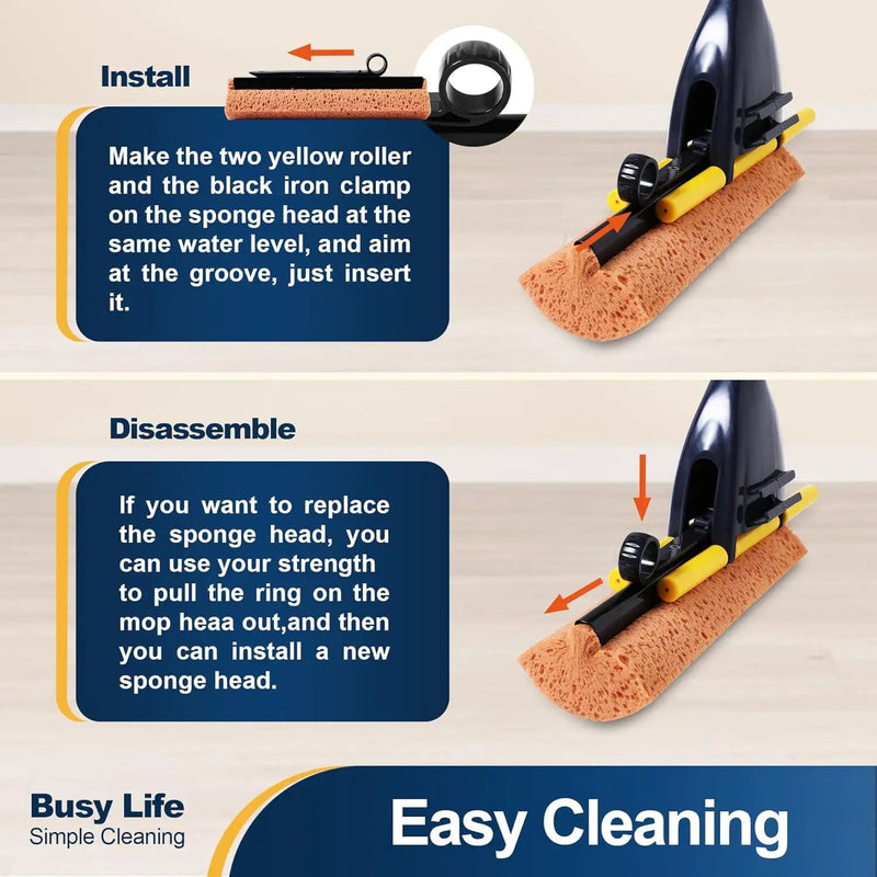 Yocada Sponge Mop Home Commercial Use Tile Floor Bathroom Garage Cleaning Total 3 Sponge Heads Squeegee and Extendable Telescopic Long Handle 42.5 to 52 Inches Easily Dry Wringing Only 3 Heads by GreenHaven Gardens