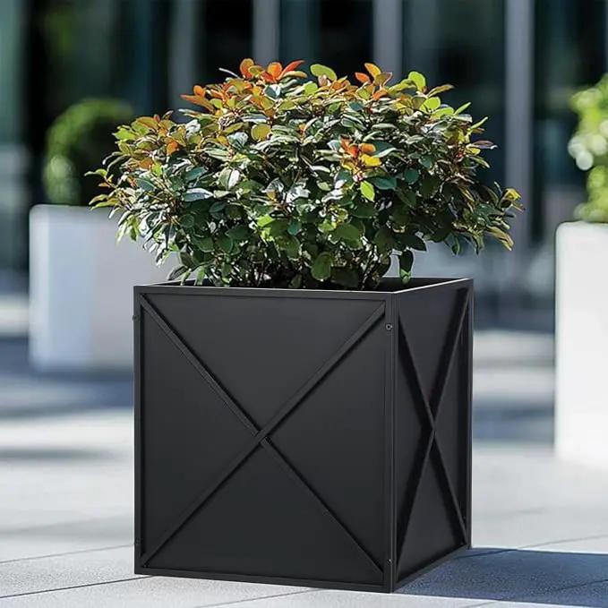 Metal Square Planter Box Tall Planters for Outdoor Plants Modern Heavy Duty with Drainage Holes for Outside Indoor Patio Deck - Black, 17”x 17”x 18” by GreenHaven Gardens
