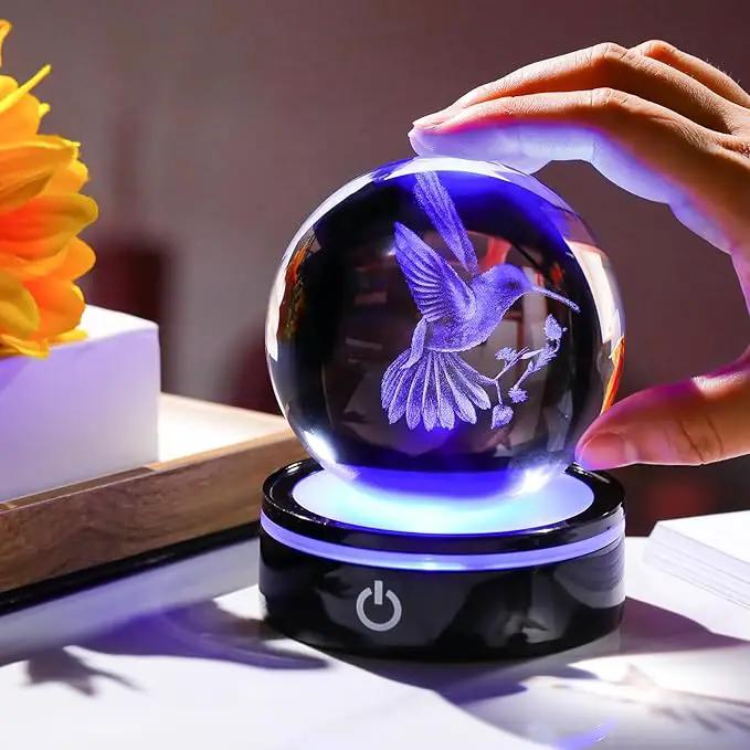 YWHL 3D Crystal Ball Hummingbird Figurine with LED Base, Hummingbird Gifts for Women Men Hummingbird Lovers on Christmas Birthday, Hummingbird Ornament Glass Decorative Ball for Home Decor (80mm) by GreenHaven Gardens