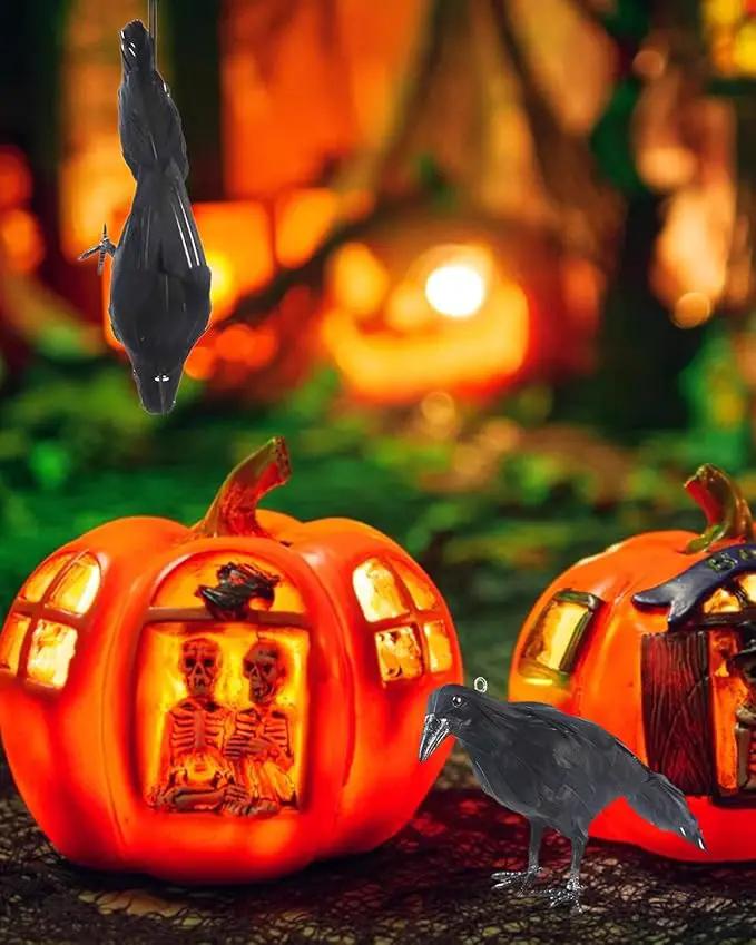 Hanging Dead Crows, 13 Inches Life-Size Raven, Realistic Handmade Fake Decoy for Garden Christmas Halloween Decorations [Face Up+Face Down+Stand] 2PC by GreenHaven Gardens