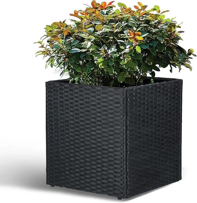 LEWIS&WAYNE Large Square Planter Box Handmade Wicker Tall Planters for Outdoor Plants with Removable Liners Modern Planter for Indoor Outdoor Garden Patio Front Porch - Black, 17''x17''x18'' by GreenHaven Gardens