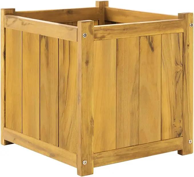 IDZO Acacia Wood Flower Planter Box for Outdoor Plants, 1pc Wooden Raised Garden Bed with Handles, Drainage Holes, Ideal for Garden and Home Décor, Golden Teak by GreenHaven Gardens
