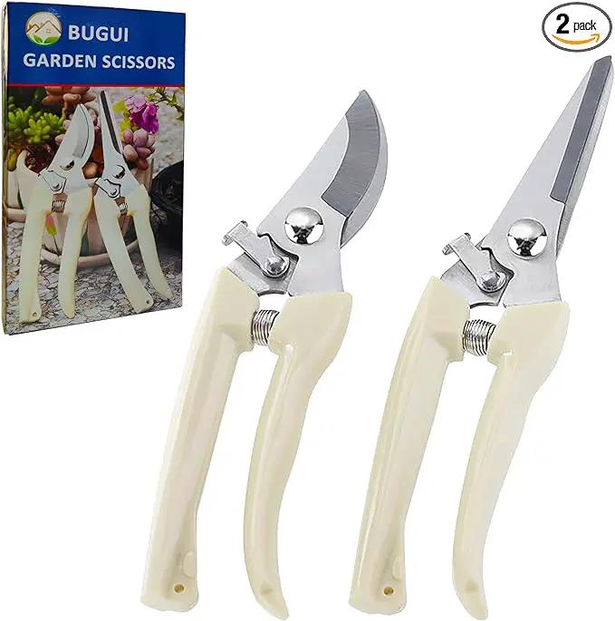BUGUI Garden Shears Set of 2, Includes 1 Bypass Pruning Shears and 1 Straight Blade Garden Scissors, Sharp, Lightweight by GreenHaven Gardens