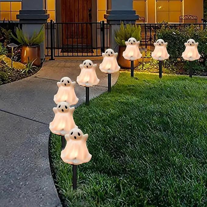 Goothy Halloween Ghosts Pathway Marker Lights, 4 White Ghosts with 4 Stakes, 7Ft Extendable Pathway String Lights, Waterproof for Halloween Lawn Walkway Driveway Markers by GreenHaven Gardens