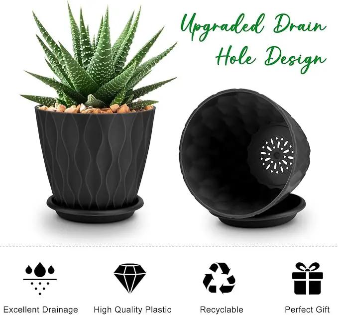 4 inch Plant Pots, 5 Pack Flower Pots Outdoor Indoor, Planters with Drainage Holes and Tray Saucers(Black) by GreenHaven Gardens