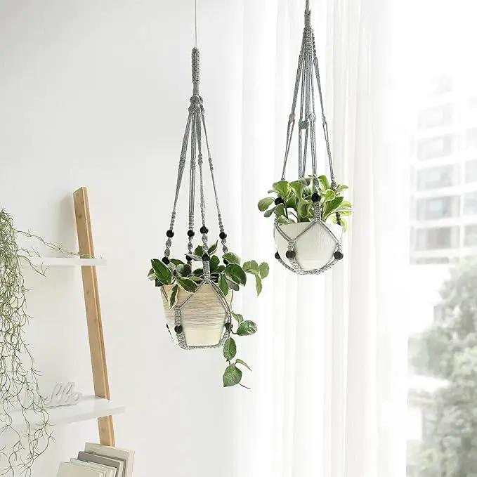 Mkono Macrame Plant Hanger Indoor Hanging Planter Basket with Wood Beads Decorative Flower Pot Holder No Tassels for Indoor Outdoor Boho Home Decor 35 Inch, Gray, Set of 3 (POTS NOT Included) by GreenHaven Gardens