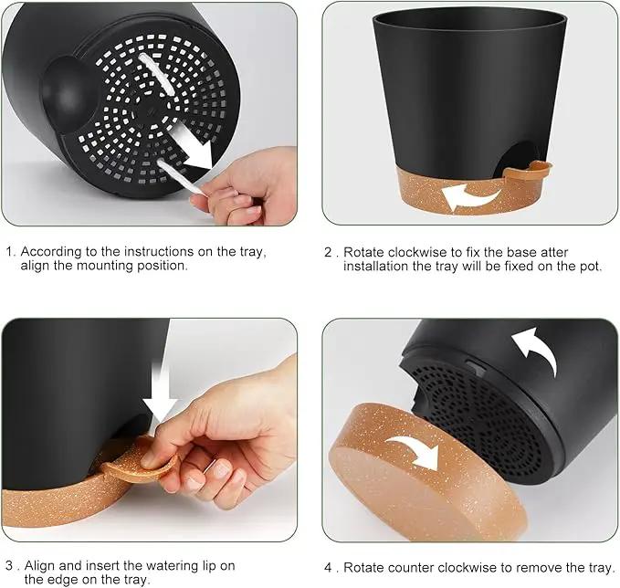 8-Inch Plant Pots, Self-Watering Planters with Drainage Holes & Saucers for Indoor and Outdoor Plants (2-Pack,Black) by GreenHaven Gardens