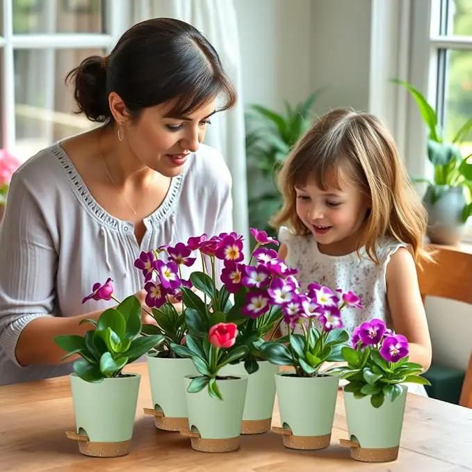 12 Pack 4 Inch Self Watering Plant Pots with Drainage and Saucers，Plastic Flower Pots for Indoor and Outdoor Plants, Nursery Planters for Houseplants and Herbs Green Brown, 4 inch 12pcs by GreenHaven Gardens