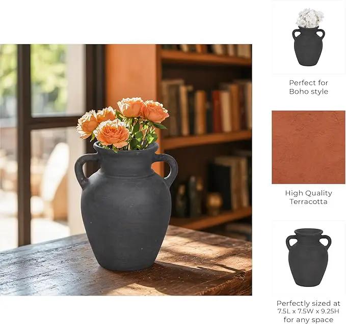 Sagebrook Home Black Boho Terracotta Vase - Amphora-Style Decorative Flower Holder for Home, Office & Living Room - 9" Black by GreenHaven Gardens