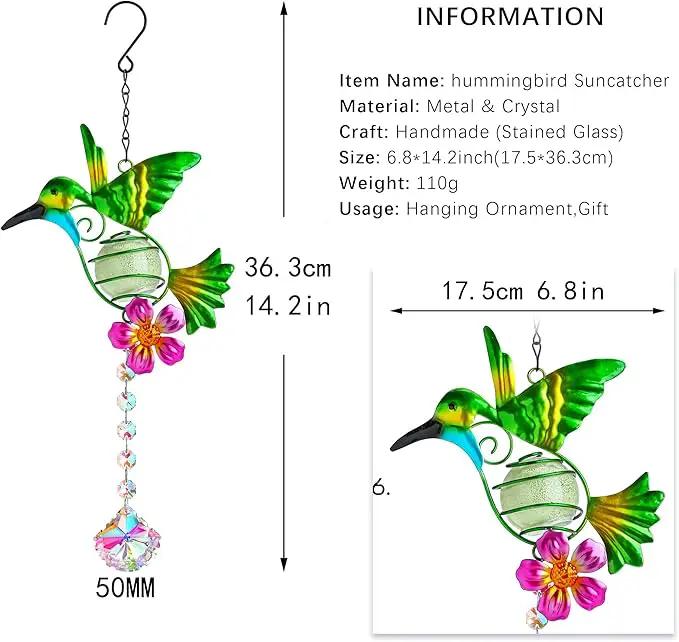 Stained Metal Hummingbird Suncatcher, Window Crystal Prisms Sun Catcher Hanging Ornament Rainbow Maker Bird Garden Wall Art Fence Decorations by GreenHaven Gardens