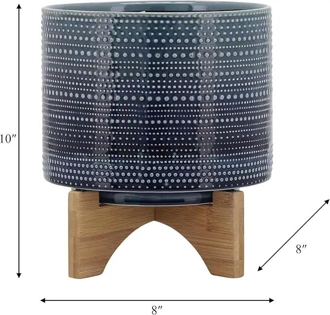 Sagebrook Home Textured Ceramic Planter with Wood Stand, Elevated Indoor/Outdoor Planter, Blue with Gray Dots, 8 L x 8 W x 10 H by GreenHaven Gardens