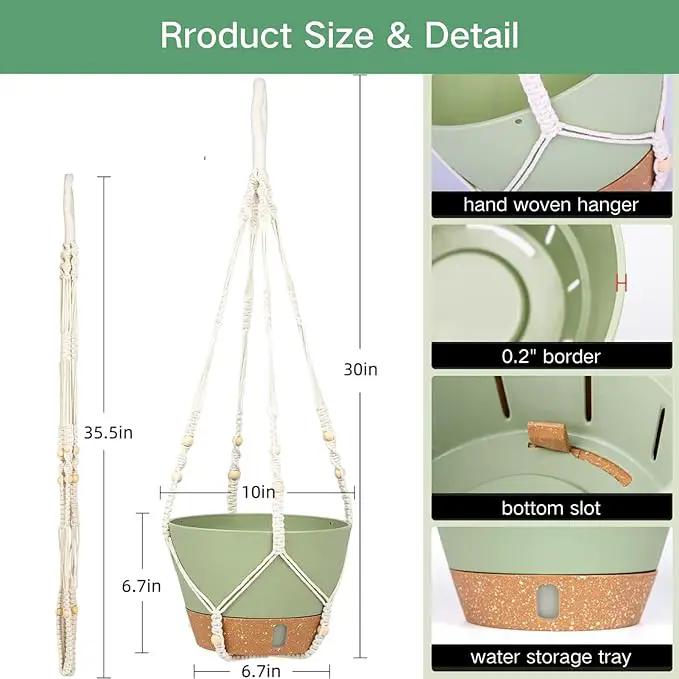 QCQHDU 2 Pack Hanging Planters for Indoor Plants, Outdoor Flower Hanging Baskets, Self Watering Pots with Drainage Holes & Removable Tray (Green, 10 inch, Macrame Hanger) by GreenHaven Gardens