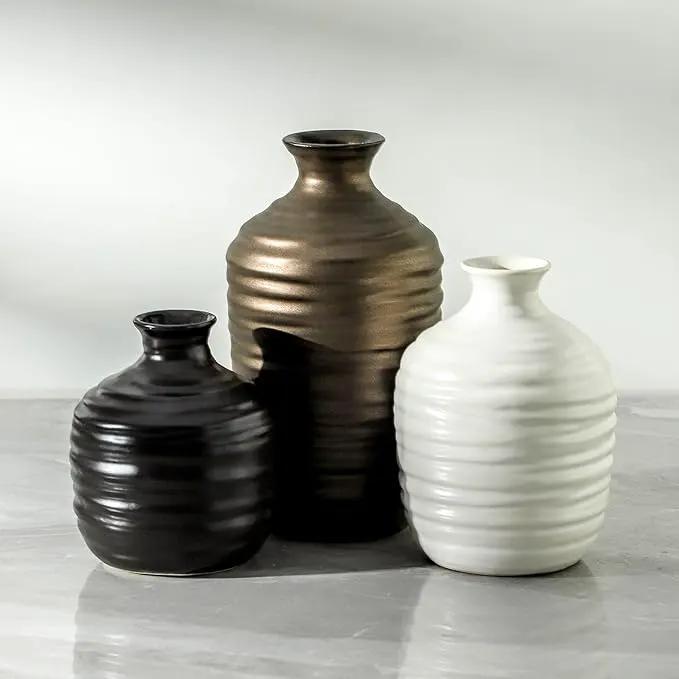 Ceramic Vase Set of 3 Decorative Vase for Home Decor Modern Farmhouse Decor Pottery Neutral Vases for Living Room Bathroom Table Mantel Fireplace Entryway Shelf (02-Metallic) by GreenHaven Gardens