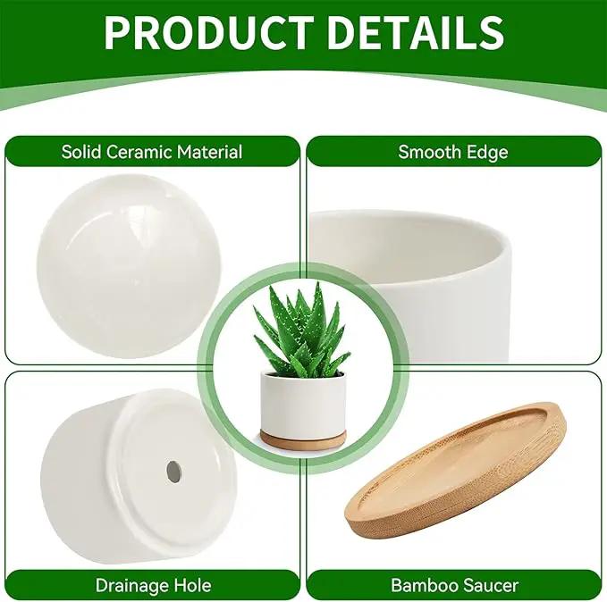 ZOUTOG Succulent Planter, White Mini 3.15 inch Ceramic Flower Planter Pot with Bamboo Tray, Pack of 4 - Plants Not Included by GreenHaven Gardens