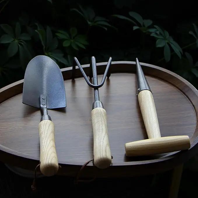 Japanese Gardening Tools Set, 3 Pcs Garden Tools Set, Nickel Plated Stainless Steel Heavy Duty Gardening Tools Kit, Hand Trowel, Dibble and Hand Rake