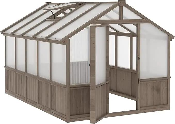 8x10 FT Greenhouse Kit with 6MM Thick Polycarbonate Panel for Outdoor, Wooden Walk-in Green House with Adjustable Roof Vent and Lockable Door, Backyard, Garden, Light Mocha Brown by GreenHaven Gardens