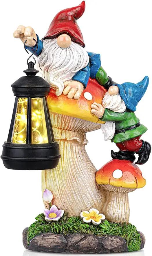 Solar Garden Statue Gnomes Figurine Lights,Funny Gnomes Standing on Mushrooms with Lanterns, with Lanterns Outdoor Yard Decorations for Patio Porch Home, Garden Gifts for Women Mom by GreenHaven Gardens