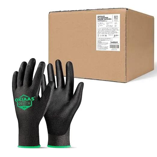 OKIAAS Work Gloves for Men，Ultra Thin and Lightweight Working Gloves with Grip, Bulk Case of 60 Pairs Construction Gloves with Polyurethane Coating, Safety Gloves for Light Duty Work (Black, Medium) by GreenHaven Gardens
