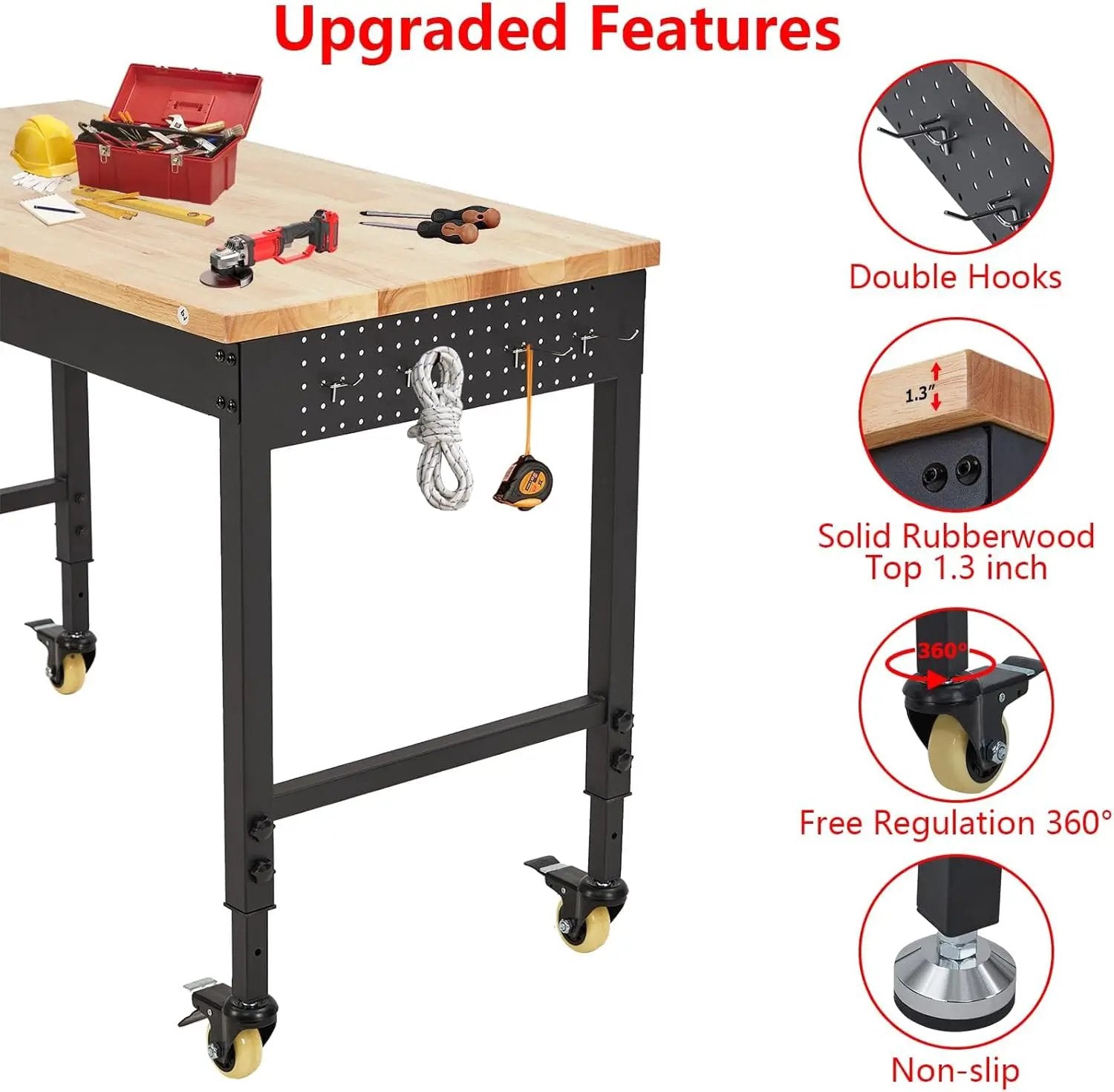 48x24 Inch Heavy-Duty Adjustable Workbench with Rubber Wood Top – 2000LB Capacity Mobile Garage Workstation, Locking Wheels, Power Outlets, Ideal for Workshop, DIY & Tool Storage (Black) by GreenHaven Gardens