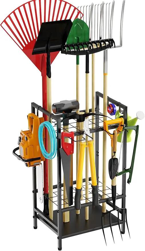 Garden Tool Organizer Rack for Garage, Yard Tool Tower Rack Organizer, Tools Stand Storage with Hooks Black Metal Garden Tools Holder for Yard Shed Garage Organization by GreenHaven Gardens