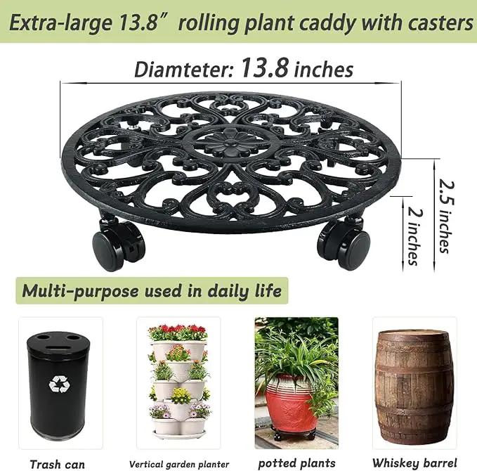 2 Packs 14 Inch Rolling Plant Stand with Wheels Metal Plant Caddy with Wheels Heavy Duty Round Plant Stand Indoor Iron Plants Rollers for Plants, Plant Dolly with Plant Saucers by GreenHaven Gardens