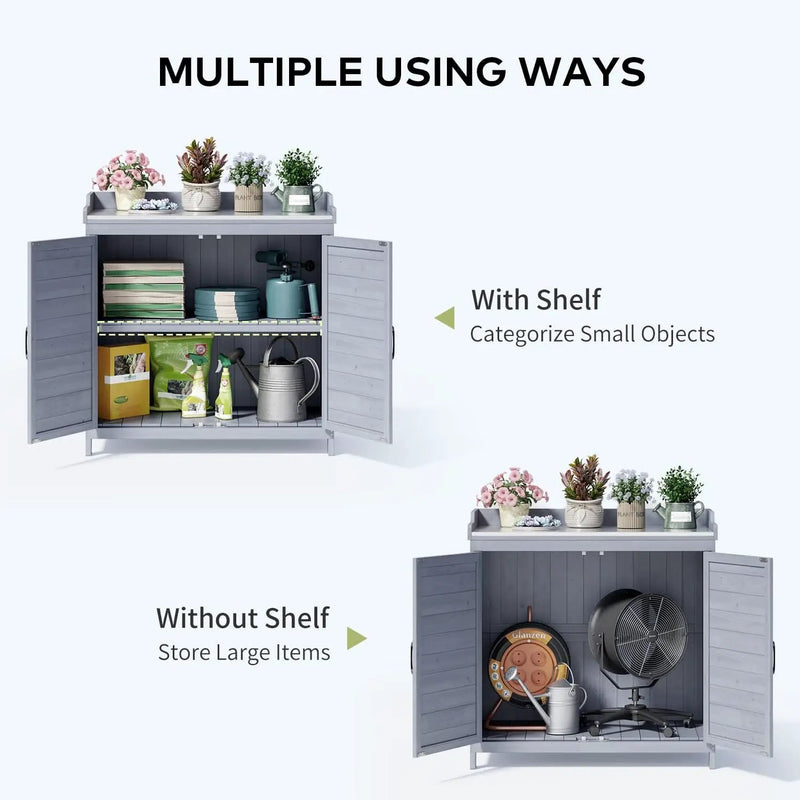 Gizoon Outdoor Potting Bench with Metal Tabletop, Outdoor Garden Patio Wooden Storage Cabinet with Adjustable Shelf, Double Doors Garden Work Bench for Backyard, Patio, Lawn - Grey by GreenHaven Gardens