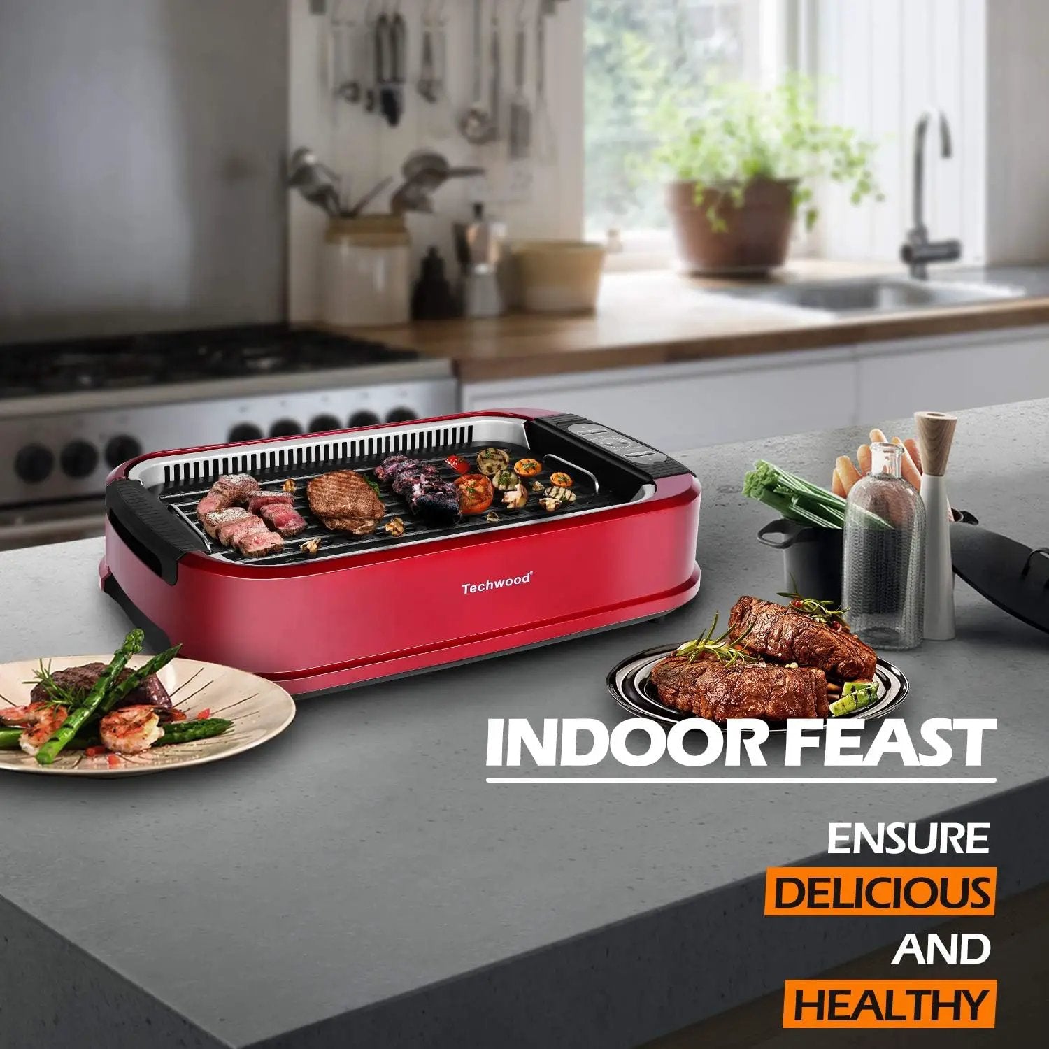 Smokeless Indoor Grill, Techwood 1500W Electric Grill Portable Korean Grill Non-Stick Grill Plates with Temperature Control, Removable Drip Tray, Tempered Glass Lid, Dishwasher-Safe by GreenHaven Gardens