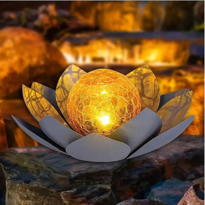 Huaxu Solar Lights Outdoor Garden Decor , Amber Crackle Globe Glass Lotus Decoration,Waterproof Gray Metal Flower Light for Patio,Lawn,Walkway,Tabletop,Ground by GreenHaven Gardens