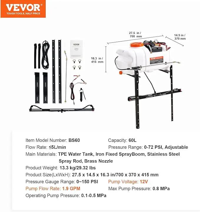 VEVOR ATV Spot Sprayer, 15.9 Gal/60L ATV/UTV Broadcast With Nozzle Boom, 12 V Pump With Water Tank, 1.9 GPM Flow Rate, Adjustable 0-72 PSI, 20FT Hose, Weed Sprayer for Garden, Farm by GreenHaven Gardens