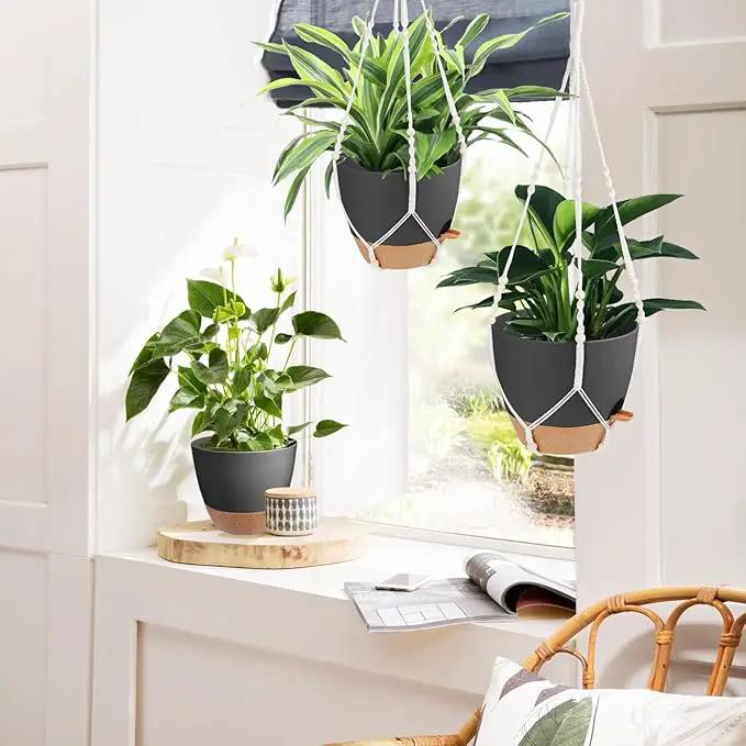 41.5 Inch Macrame Plant Hanger Indoor Outdoor with 12 Inch Flower Pot, Hanging Planter for Plants Holder with Wood Beads for Boho Home Decor (Ivory+Black) by GreenHaven Gardens