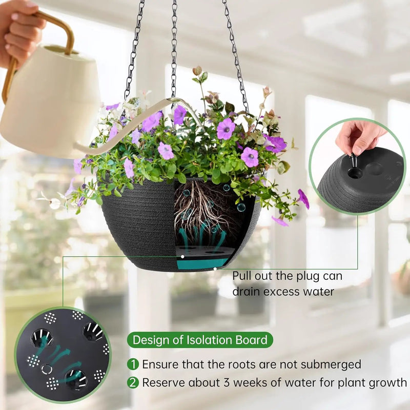 Hanging Planters for Indoor Outdoor Plants, Set of 2 Self Watering Hanging Pots with Drainage Hole & Plug and 20" Chain & Hooks by GreenHaven Gardens