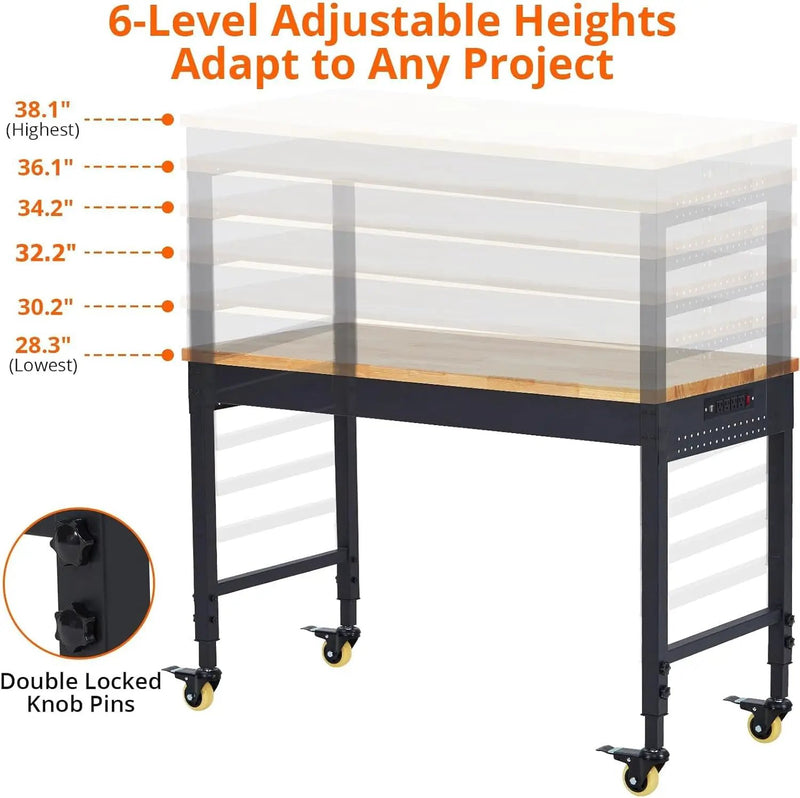 75'' Adjustable Workbench on Wheels, 2000LBS Heavy Duty Worktable with Power Outlets, Rubberwood Workstation for Workshop, Garage, Office, Home by GreenHaven Gardens