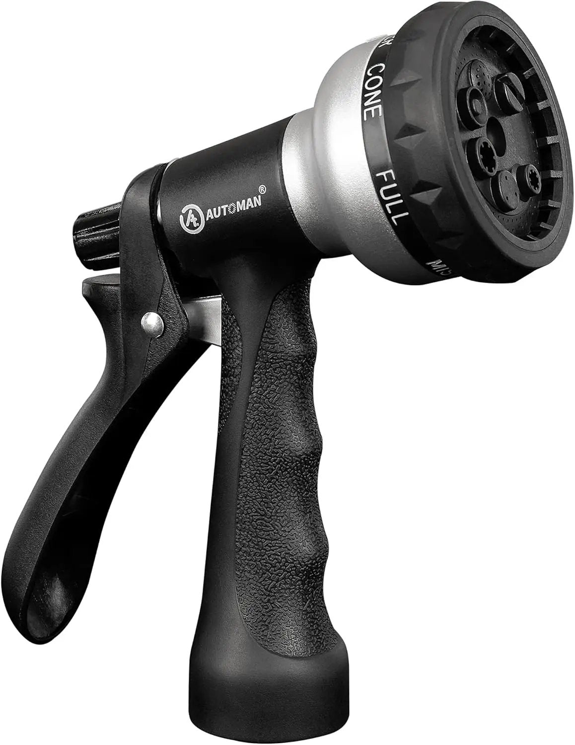 AUTOMAN-Garden-Hose-Nozzle, ABS Water Spray Nozzle, 7 Adjustable Watering Patterns, Slip Resistant for Watering Plants, Lawn& Garden, Washing Cars, Cleaning, Showering Pets & Outdoor Fun.Silver Color by GreenHaven Gardens