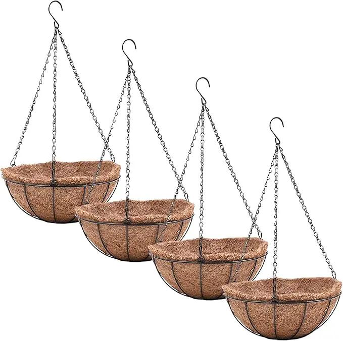 4 Pack Hanging Planter Basket Outdoor Large Hanging Flower Pots Indoor 12 inch with Coco Coir Liner Round Wire Plant Holder Chain Hanging Basket Garden for Home Decor Balcony Office1 by GreenHaven Gardens