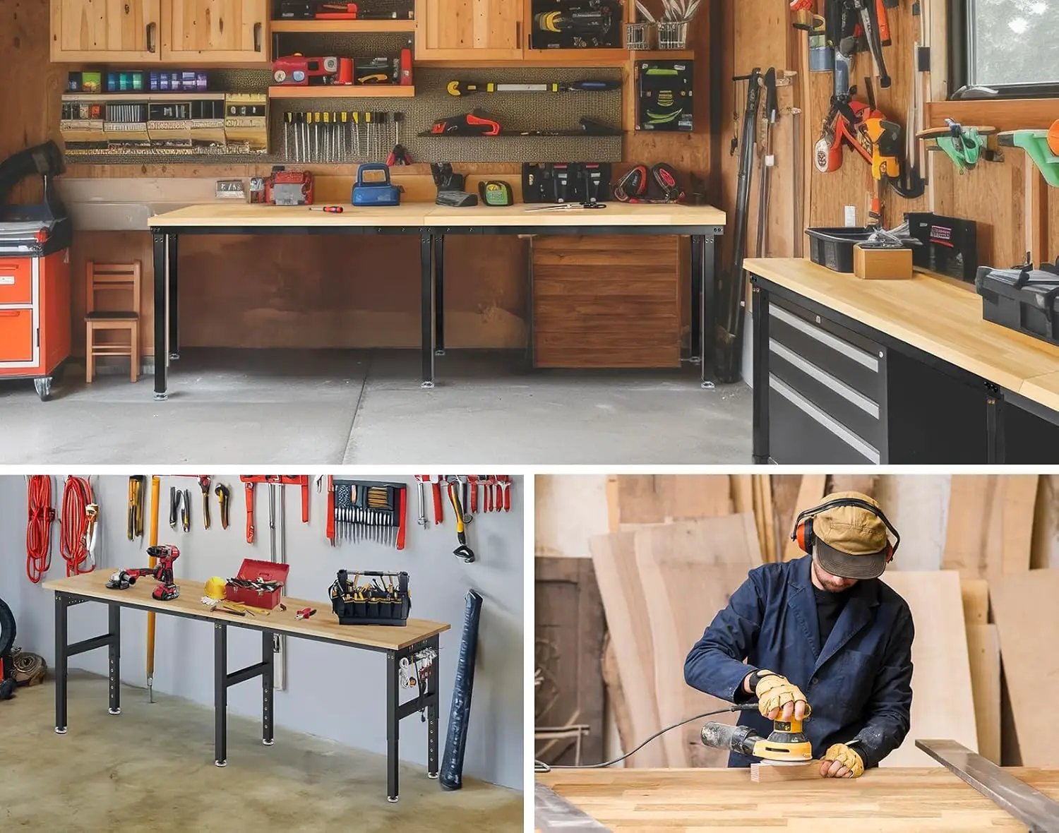 96”Adjustable Work Bench, 5000 LBS Capacity Heavy Duty Workbench with Power Outlet & Pegboard, Rubber Wood Work Table for Garage, Workshop, Office, Home by GreenHaven Gardens