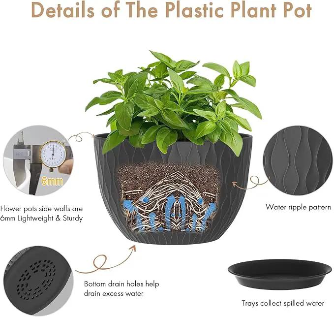 12 Inch Large Plant Pots for Indoor or Outdoor Plants, Wide Water Ripples Flower Pots with Drainage Holes & Saucer, Plastic Planters Set for Garden & Home Decor (Black) by GreenHaven Gardens