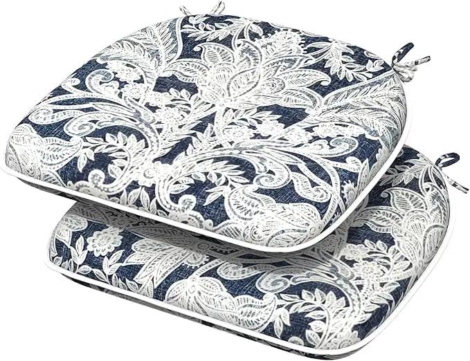 Indoor/Outdoor Chair Cushions 16x17 Inch, Patio Chair Cushions with Ties, All Weather Seat Cushions for Patio Furniture Home Garden Chair Use, Set of 2,Damask Lapis by GreenHaven Gardens