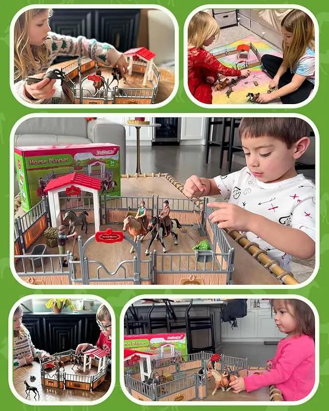 Horse Stable Playset, Horse Gifts for Girls and Boys with 3 Horses and 2 Riders, Horse Toys Set Farm Animals Toys for Kids 3 4 5 6 7 8+ (New Model), Green by GreenHaven Gardens