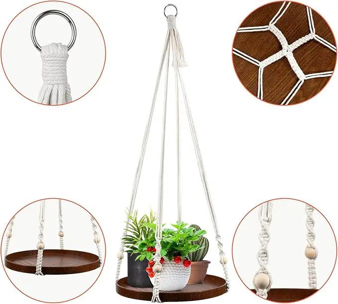 Macrame Plant Hanger - 2 Set Indoor Hanging Planter Shelf - Hanging Planter Rack Decorative Flower Pot Holder - Handmade Cotton Plant Hangers with Wood Tray Boho Home Decor by GreenHaven Gardens