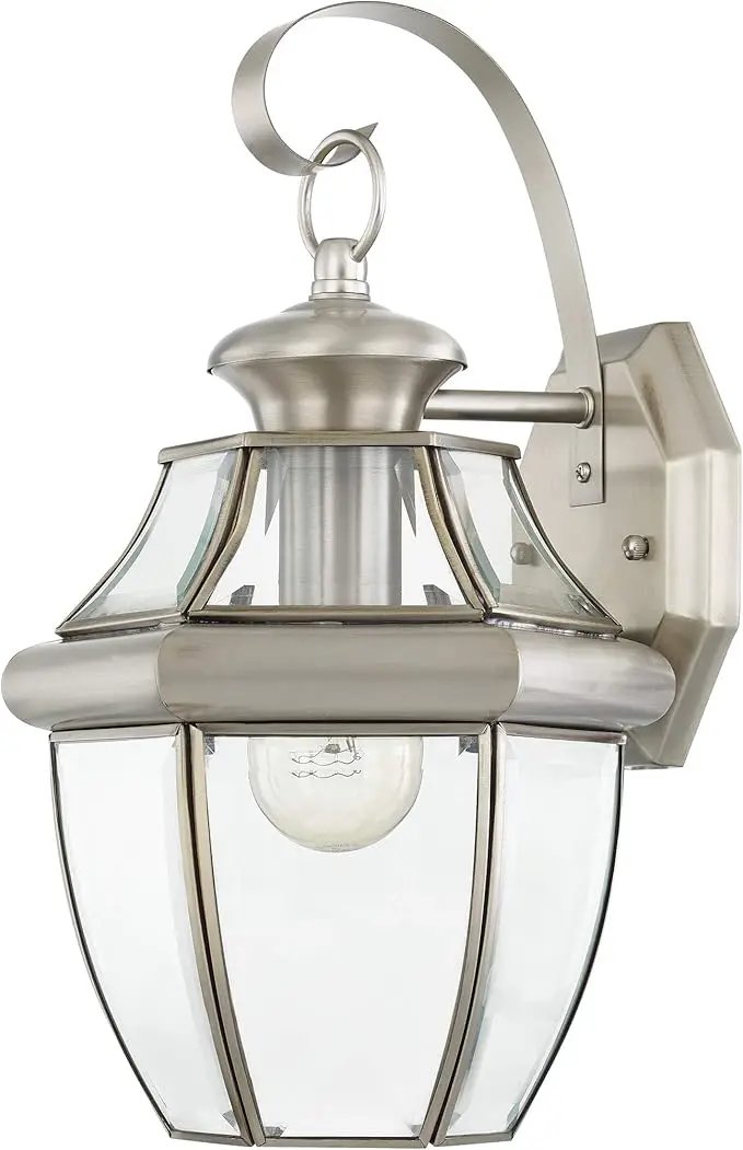 Livex Lighting 2151-91 Monterey 1 Light Outdoor Brushed Nickel Finish Solid Brass Wall Lantern with Clear Beveled Glass 13" x 8.5" x 8.25" by GreenHaven Gardens