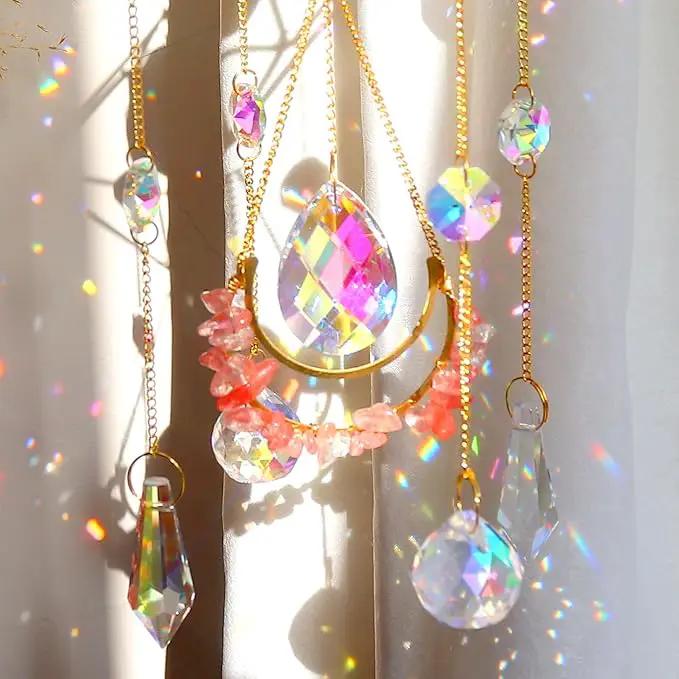 Healing Crystal Suncatchers Hanging Wind Chime Style Garden Suncatcher Rainbow Maker Gold Plated Sun Catcher Decor for Home Indoor Outdoor Gift (RED) by GreenHaven Gardens