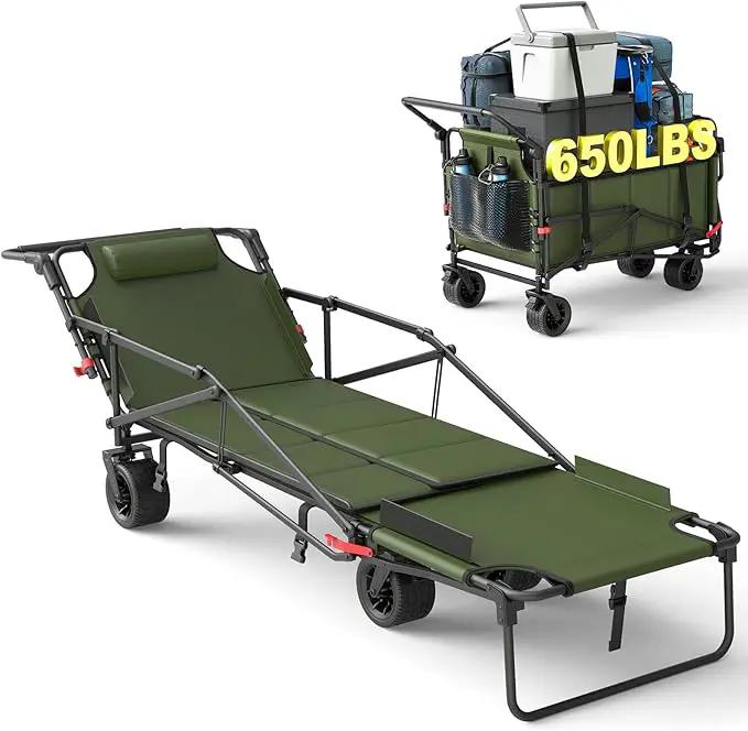 LEVELEVE Heavy Duty Folding Wagon - 2-in-1 Collapsible Cart, 650lb Capacity, All-Terrain Wheels w/Brakes & Side Pockets (Army Green) by GreenHaven Gardens